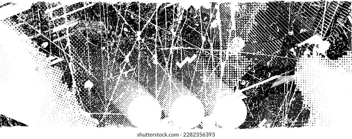 Glitch distorted grungy isolated banner . Design element for brochure, social media, posters, flyers. Overlay texture.Textured banner with Distress effect .Vector halftone dots . Screen print texture