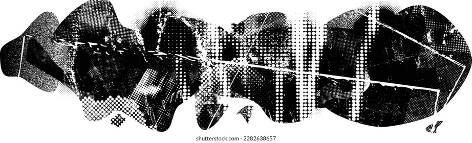 Glitch distorted grungy isolated banner . Design element for brochure, social media, posters, flyers. Overlay texture.Textured banner with Distress effect .Vector halftone dots . Screen print texture