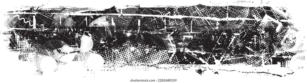 Glitch distorted grungy isolated banner . Design element for brochure, social media, posters, flyers. Overlay texture.Textured banner with Distress effect .Vector halftone dots . Screen print texture