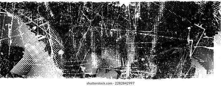 Glitch distorted grungy isolated banner . Design element for brochure, social media, posters, flyers. Overlay texture.Textured banner with Distress effect .Vector halftone dots . Screen print texture