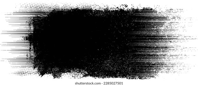 Glitch distorted grungy isolated banner . Design element for brochure, social media, posters, flyers. Overlay texture.Textured banner with Distress effect .Vector halftone dots . Screen print texture