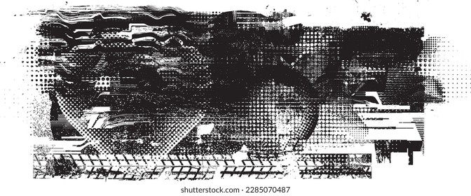 Glitch distorted grungy isolated banner . Design element for brochure, social media, posters, flyers. Overlay texture.Textured banner with Distress effect .Vector halftone dots . Screen print texture