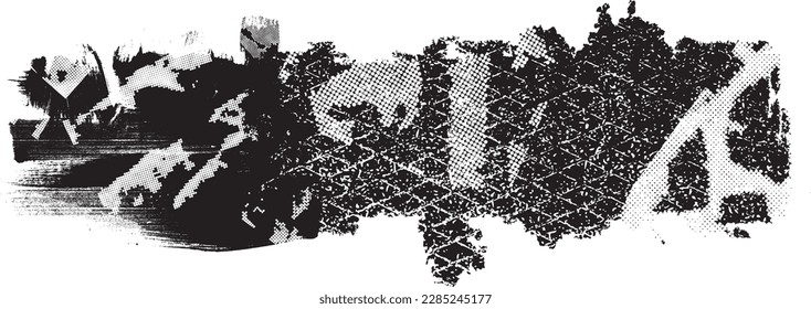 Glitch distorted grungy isolated banner . Design element for brochure, social media, posters, flyers. Overlay texture.Textured banner with Distress effect .Vector halftone dots . Screen print texture