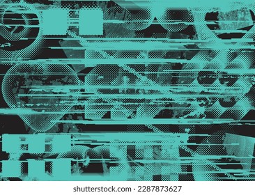 Glitch distorted grungy isolated banner . Design element for brochure, social media, posters, flyers. Overlay texture.Textured banner with Distress effect .Vector halftone dots . Screen print texture