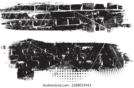 Glitch distorted grungy isolated banner . Design element for brochure, social media, posters, flyers. Overlay texture.Textured banner with Distress effect .Vector halftone dots . Screen print texture