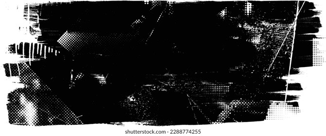 Glitch distorted grungy isolated banner . Design element for brochure, social media, posters, flyers. Overlay texture.Textured banner with Distress effect .Vector halftone dots . Screen print texture