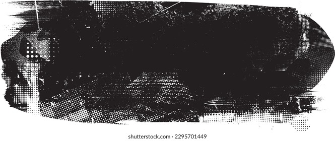 Glitch distorted grungy isolated banner . Design element for brochure, social media, posters, flyers. Overlay texture.Textured banner with Distress effect .Vector halftone dots . Screen print texture