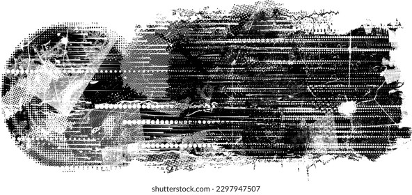 Glitch distorted grungy isolated banner . Design element for brochure, social media, posters, flyers. Overlay texture.Textured banner with Distress effect .Vector halftone dots . Screen print texture