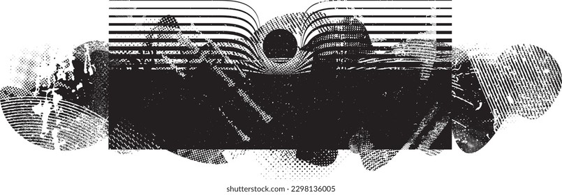 Glitch distorted grungy isolated banner . Design element for brochure, social media, posters, flyers. Overlay texture.Textured banner with Distress effect .Vector halftone dots . Screen print texture