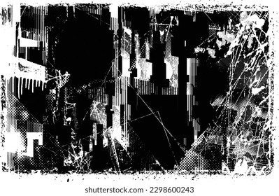Glitch distorted grungy isolated banner . Design element for brochure, social media, posters, flyers. Overlay texture.Textured banner with Distress effect .Vector halftone dots . Screen print texture