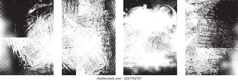 Glitch distorted grungy isolated layers . Design element for brochure, social media, posters, flyers. Overlay texture.Textured banner with Distress effect .Vector halftone dots . Screen print texture