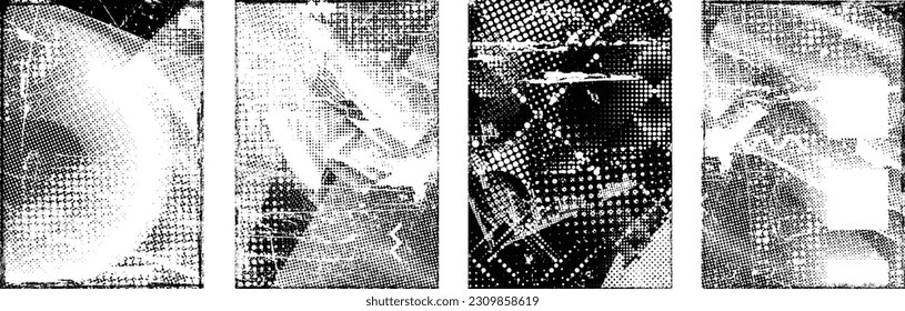 Glitch distorted grungy isolated layers . Design element for brochure, social media, posters, flyers. Overlay texture.Textured banner with Distress effect .Vector halftone dots . Screen print texture