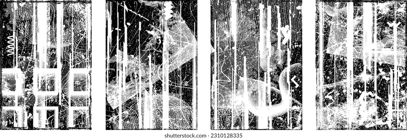 Glitch distorted grungy isolated layers . Design element for brochure, social media, posters, flyers. Overlay texture.Textured banner with Distress effect .Vector halftone dots . Screen print texture