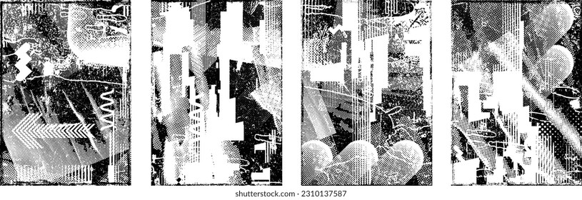 Grungy distorsionada capas aisladas de grises . Elemento de diseño para folletos, medios sociales, afiches, volantes. Textura superpuesta.Banner texturizado con efecto de socorro .Paquetes de semitono vectoriales . textura de impresión de pantalla