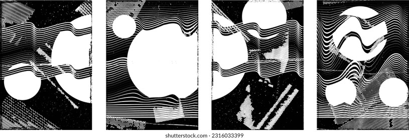 Glitch distorted grungy isolated layers . Design element for brochure, social media, posters, flyers. Overlay texture.Textured banner with Distress effect .Vector halftone dots . Screen print texture