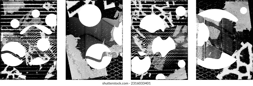 Glitch distorted grungy isolated layers . Design element for brochure, social media, posters, flyers. Overlay texture.Textured banner with Distress effect .Vector halftone dots . Screen print texture