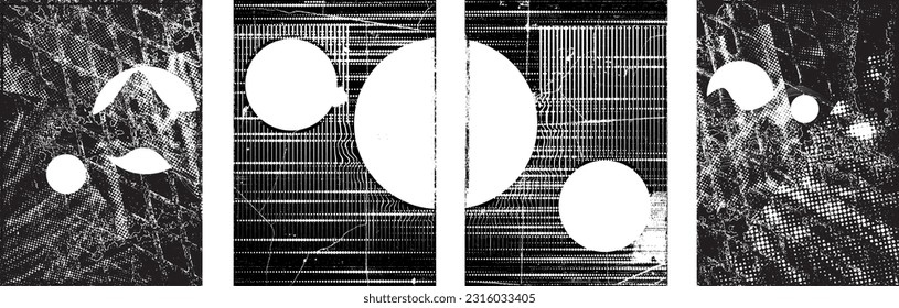 Glitch distorted grungy isolated layers . Design element for brochure, social media, posters, flyers. Overlay texture.Textured banner with Distress effect .Vector halftone dots . Screen print texture