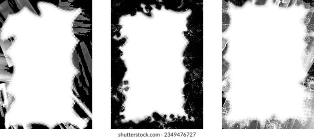 Glitch distorted grungy isolated layers . Design element for brochure, social media, posters, flyers. Overlay texture.Textured banner with Distress effect .Vector halftone dots . Screen print texture
