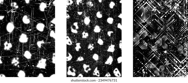 Glitch distorted grungy isolated layers . Design element for brochure, social media, posters, flyers. Overlay texture.Textured banner with Distress effect .Vector halftone dots . Screen print texture