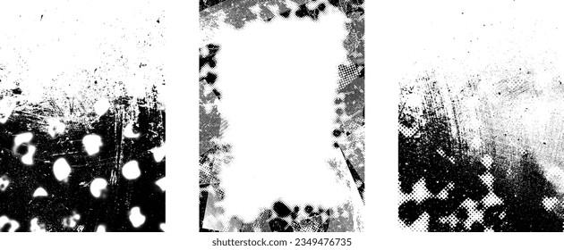Glitch distorted grungy isolated layers . Design element for brochure, social media, posters, flyers. Overlay texture.Textured banner with Distress effect .Vector halftone dots . Screen print texture