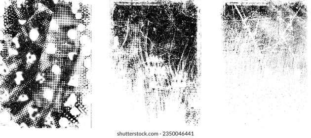 Glitch distorted grungy isolated layers . Design element for brochure, social media, posters, flyers. Overlay texture.Textured banner with Distress effect .Vector halftone dots . Screen print texture
