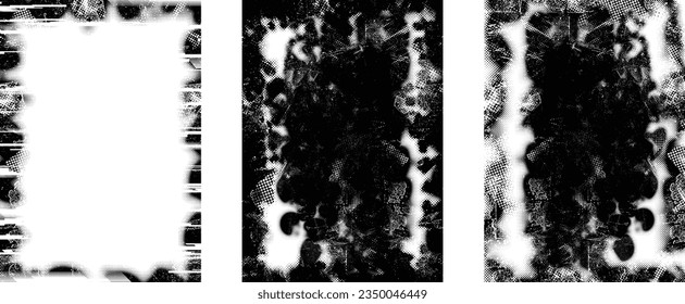 Glitch distorted grungy isolated layers . Design element for brochure, social media, posters, flyers. Overlay texture.Textured banner with Distress effect .Vector halftone dots . Screen print texture