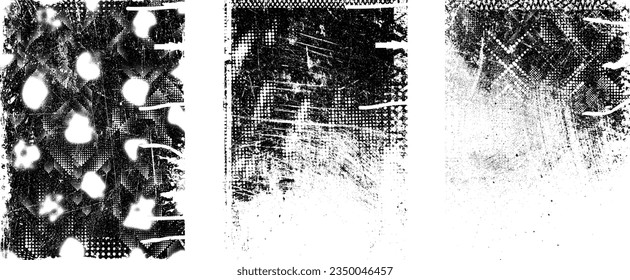 Glitch distorted grungy isolated layers . Design element for brochure, social media, posters, flyers. Overlay texture.Textured banner with Distress effect .Vector halftone dots . Screen print texture