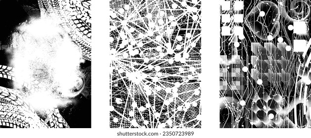 Glitch distorted grungy isolated layers . Design element for brochure, social media, posters, flyers. Overlay texture.Textured banner with Distress effect .Vector halftone dots . Screen print texture