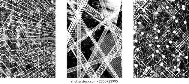 Glitch distorted grungy isolated layers . Design element for brochure, social media, posters, flyers. Overlay texture.Textured banner with Distress effect .Vector halftone dots . Screen print texture