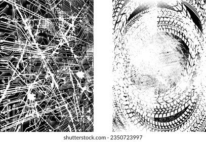 Glitch distorted grungy isolated layers . Design element for brochure, social media, posters, flyers. Overlay texture.Textured banner with Distress effect .Vector halftone dots . Screen print texture
