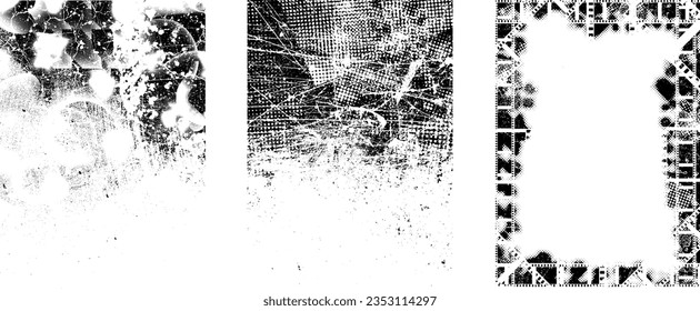 Glitch distorted grungy isolated layers . Design element for brochure, social media, posters, flyers. Overlay texture.Textured banner with Distress effect .Vector halftone dots . Screen print texture