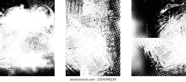 Glitch distorted grungy isolated layers . Design element for brochure, social media, posters, flyers. Overlay texture.Textured banner with Distress effect .Vector halftone dots . Screen print texture