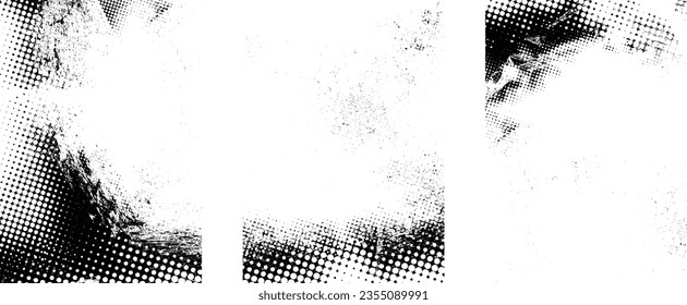 Glitch distorted grungy isolated layers . Design element for brochure, social media, posters, flyers. Overlay texture.Textured banner with Distress effect .Vector halftone dots . Screen print texture