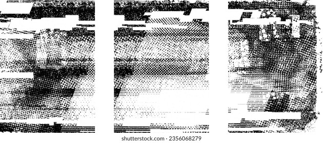 Glitch distorted grungy isolated layers . Design element for brochure, social media, posters, flyers. Overlay texture.Textured banner with Distress effect .Vector halftone dots . Screen print texture