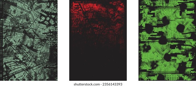 Glitch distorted grungy isolated layers . Design element for brochure, social media, posters, flyers. Overlay texture.Textured banner with Distress effect .Vector halftone dots . Screen print texture