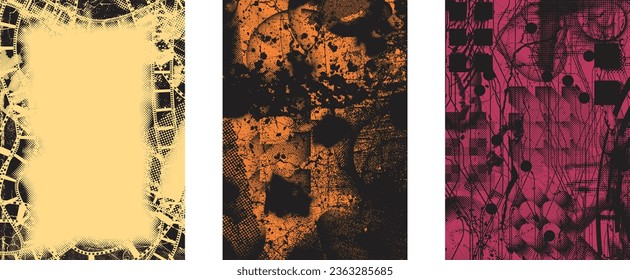 Glitch distorted grungy isolated layers . Design element for brochure, social media, posters, flyers. Overlay texture.Textured banner with Distress effect .Vector halftone dots . Screen print texture