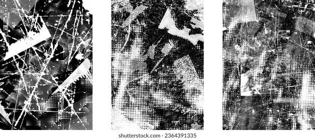 Glitch distorted grungy isolated layers . Design element for brochure, social media, posters, flyers. Overlay texture.Textured banner with Distress effect .Vector halftone dots . Screen print texture
