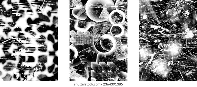 Glitch distorted grungy isolated layers . Design element for brochure, social media, posters, flyers. Overlay texture.Textured banner with Distress effect .Vector halftone dots . Screen print texture