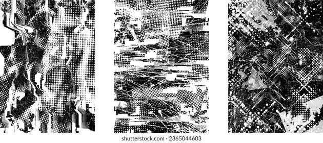 Glitch distorted grungy isolated layers . Design element for brochure, social media, posters, flyers. Overlay texture.Textured banner with Distress effect .Vector halftone dots . Screen print texture