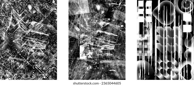 Glitch distorted grungy isolated layers . Design element for brochure, social media, posters, flyers. Overlay texture.Textured banner with Distress effect .Vector halftone dots . Screen print texture