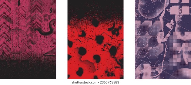 Glitch distorted grungy isolated layers . Design element for brochure, social media, posters, flyers. Overlay texture.Textured banner with Distress effect .Vector halftone dots . Screen print texture