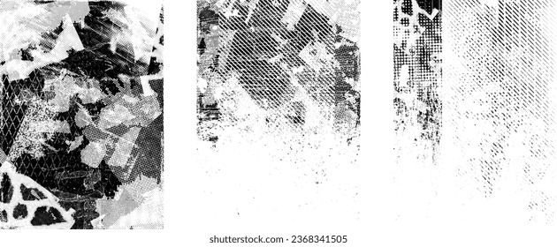 Glitch distorted grungy isolated layers . Design element for brochure, social media, posters, flyers. Overlay texture.Textured banner with Distress effect .Vector halftone dots . Screen print texture