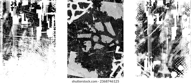 Glitch distorted grungy isolated layers . Design element for brochure, social media, posters, flyers. Overlay texture.Textured banner with Distress effect .Vector halftone dots . Screen print texture