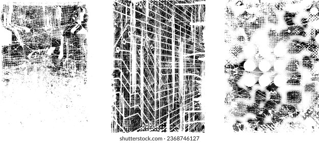 Glitch distorted grungy isolated layers . Design element for brochure, social media, posters, flyers. Overlay texture.Textured banner with Distress effect .Vector halftone dots . Screen print texture