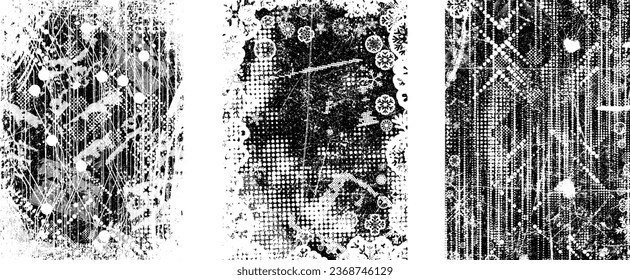 Glitch distorted grungy isolated layers . Design element for brochure, social media, posters, flyers. Overlay texture.Textured banner with Distress effect .Vector halftone dots . Screen print texture