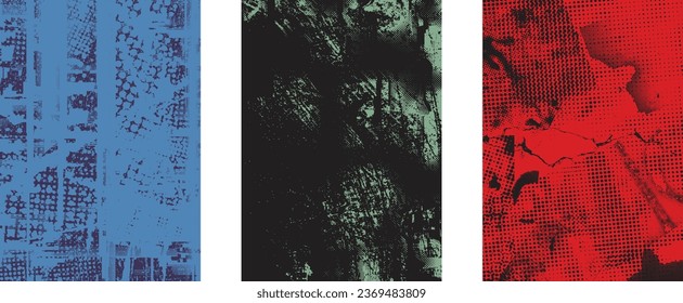 Glitch distorted grungy isolated layers . Design element for brochure, social media, posters, flyers. Overlay texture.Textured banner with Distress effect .Vector halftone dots . Screen print texture