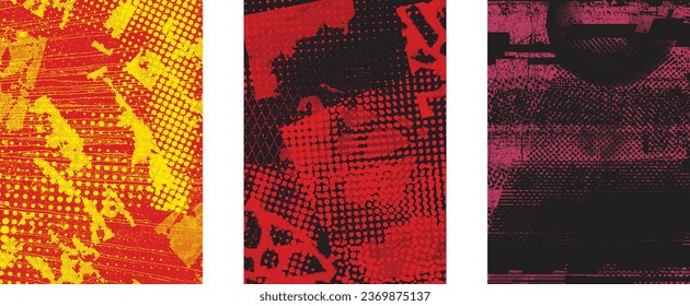Glitch distorted grungy isolated layers . Design element for brochure, social media, posters, flyers. Overlay texture.Textured banner with Distress effect .Vector halftone dots . Screen print texture