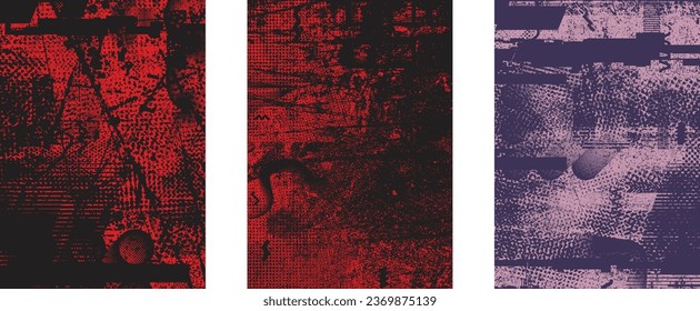 Glitch distorted grungy isolated layers . Design element for brochure, social media, posters, flyers. Overlay texture.Textured banner with Distress effect .Vector halftone dots . Screen print texture