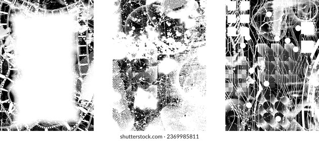Glitch distorted grungy isolated layers . Design element for brochure, social media, posters, flyers. Overlay texture.Textured banner with Distress effect .Vector halftone dots . Screen print texture