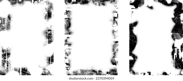 Glitch distorted grungy isolated layers . Design element for brochure, social media, posters, flyers. Overlay texture.Textured banner with Distress effect .Vector halftone dots . Screen print texture